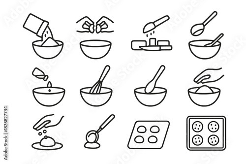 Cookie Prep Icons. Cookie ingredients prep. Line icon set of cookie ingredients prep: pouring flour, cracking egg, slicing butter, measuring sugar, adding