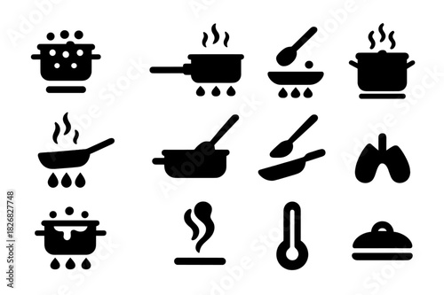 Cooking Icon Set. Cooking process. Solid icon set of Cooking process: boiling, frying, simmering, steaming, sauteing, stirring, flipping, heating, bubbling,