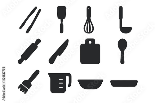 Cooking Tools Icons. Cooking tools. Solid icon set of Cooking tools: tongs, spatula, whisk, ladle, rolling pin, knife, cutting board, spoon, brush, measuring