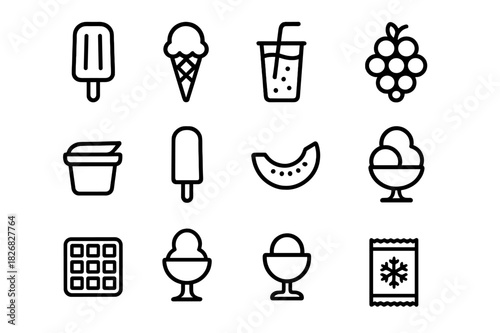 Cooling Snacks Icons. Cooling snacks. Line icon set of cooling snacks: ice pop, ice cream cone, fruit smoothie, cold grapes, yogurt cup, frozen juice bar,