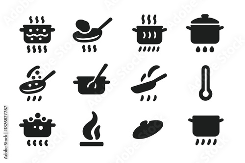 Cooking Icon Set. Cooking process. Solid icon set of Cooking process: boiling, frying, simmering, steaming, sauteing, stirring, flipping, heating, bubbling,