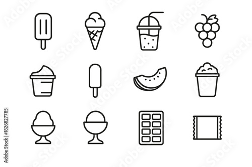 Cooling Snacks Icons. Cooling snacks. Line icon set of cooling snacks: ice pop, ice cream cone, fruit smoothie, cold grapes, yogurt cup, frozen juice bar,