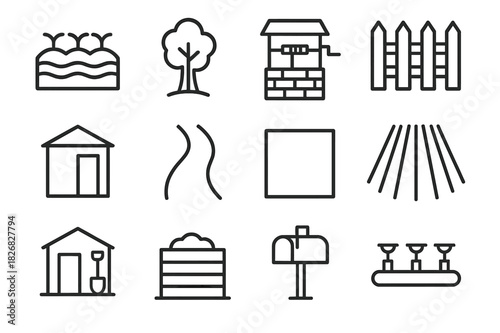 Agricultural Icons Set. Agricultural plot. Line icon set of Agricultural plot: garden bed, tree, water well, fence, shed, pathway, parcel boundary, crop rows,