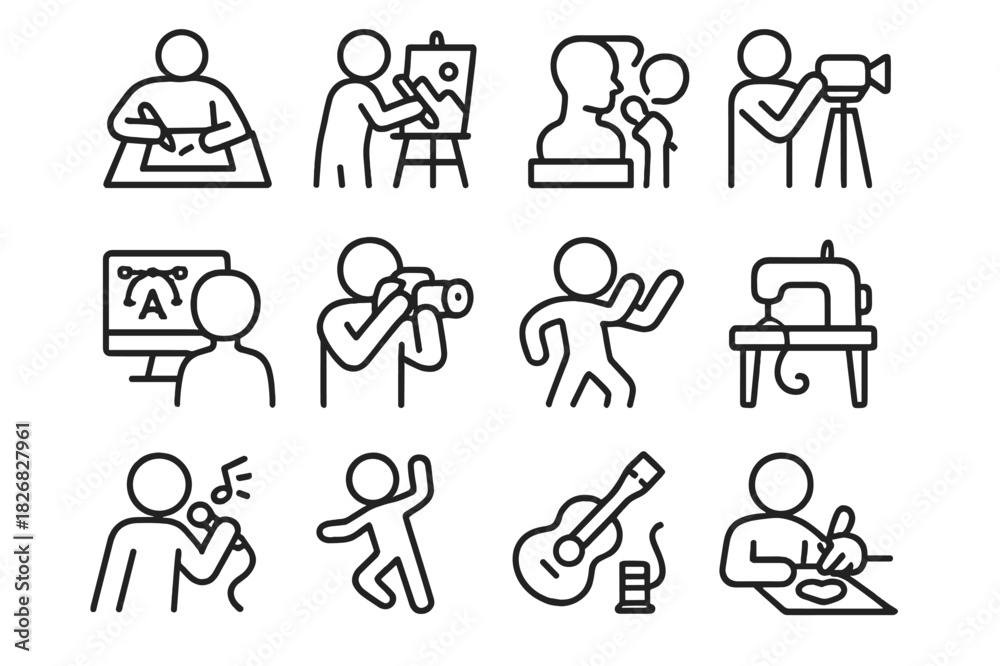 Fototapeta premium Creative Icon Grid. Creative activities. Line icon set of creative activities: drawing, painting, sculpting, designing, photographing, filming, singing,