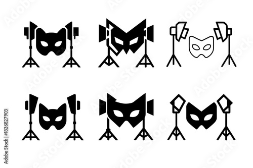 Cosplay Logo Variations. Cosplay photography studio. Icon set. Set Logo of cosplay photography: studio lights and mask. harmonious logo variations of the same