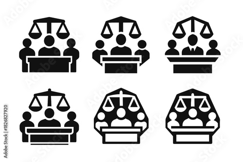 Courtroom Logo Variations. Courtroom scene with defendant. Icon set. Set Logo of courtroom: symbol of defense rights. harmonious logo variations of the same