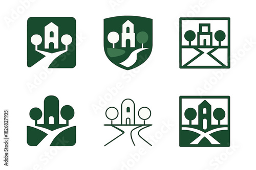 Town Square Logo Variations. town square. Icon set. Set Logo of town square: plaza with trees and walkways. harmonious logo variations of the same emblematic