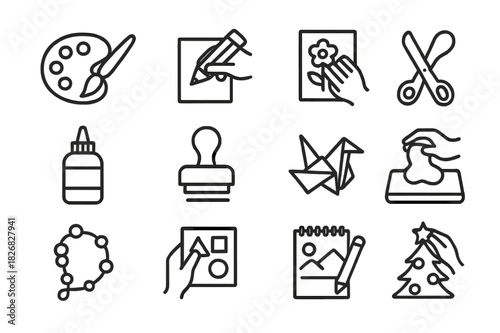 Creative Activity Icons. Creative Activities. Line icon set of Creative Activities: painting, drawing, coloring, cutting, gluing, stamping, origami, clay