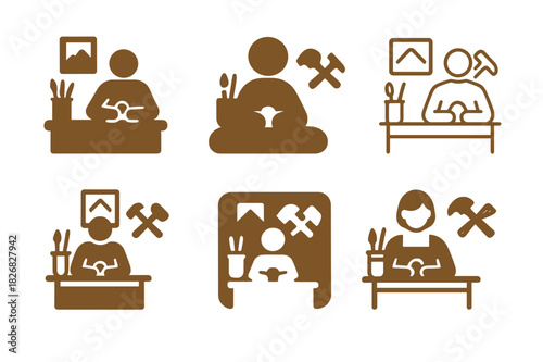 Craft Vendor Logos. Vendors selling crafts. Icon set. Set Logo of craft vendors: artisan tools and workspace. harmonious logo variations of the same emblematic