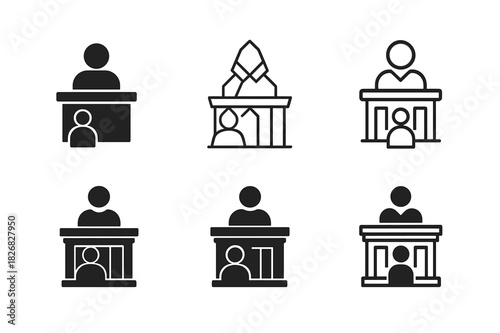 Courtroom Logo Variations. Courtroom scene with defendant. Icon set. Set Logo of courtroom: legal panel and individual. harmonious logo variations of the same