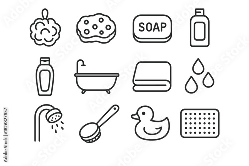 Bathroom Icon Set. Shower set. Line icon set of Shower set: loofah, bath sponge, soap bar, shampoo bottle, shower gel bottle, bathtub, bath towel, water