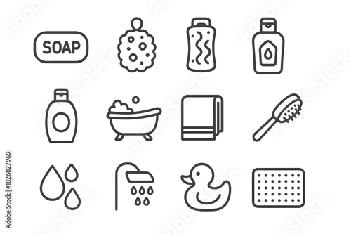 Bath Hygiene Icon Set. Bath hygiene set. Line icon set of Bath hygiene set: soap bar, bath sponge, loofah, shower gel bottle, shampoo bottle, bathtub, bath