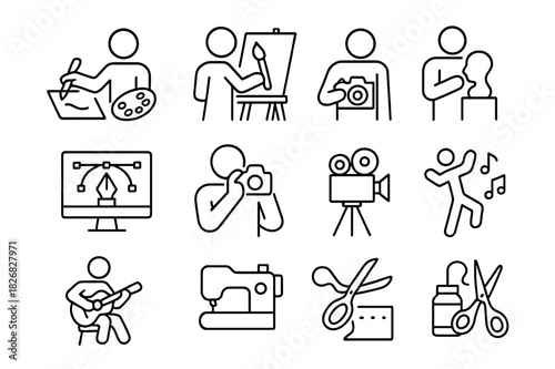 Creative Icon Grid. Creative activities. Line icon set of creative activities: drawing, painting, sculpting, designing, photographing, filming, singing,