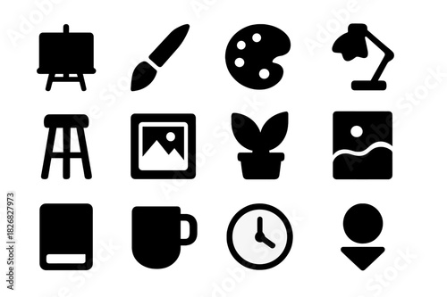 Creative Space Icon Set. Creative space. Solid icon set of creative space: canvas, brush, palette, lamp, stool, picture frame, plant, abstract art, book, cup,