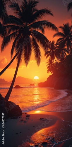 Dramatic Orange and Red Sky over Ocean Waves and Sandy Shoreline, vertical wallpaper