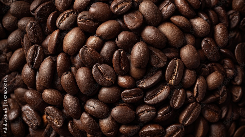 Fototapeta premium Coffee beans arranged in a tight, structured rows grid pattern for a highly organized close-up background, showcasing the texture, sheen, and uniformity of roasted brown beans in precise order
