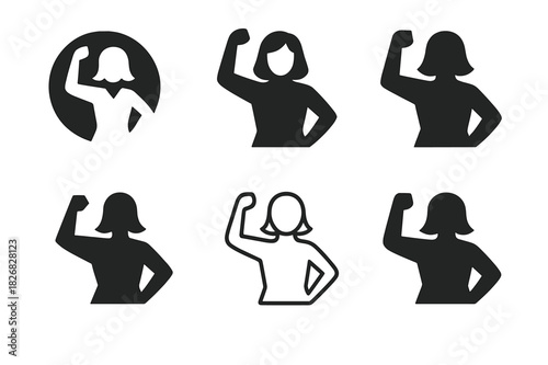 Women Leadership Icons. women in leadership. Icon set. Set Logo of women in leadership: empowering gesture. harmonious logo variations of the same emblematic