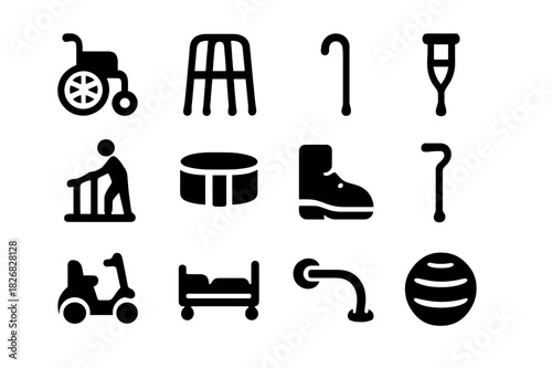 Senior Assistance Icons. Senior assistance. Solid icon set of Senior assistance: wheelchair, walker, cane, crutches, handrail, support belt, orthopedic shoe,