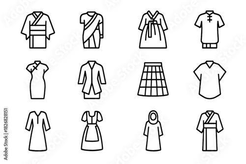 Cultural Attire Icons. Cultural attire. Line icon set of cultural attire: kimono, sari, hanbok, dashiki, qipao, kebaya, kilt, poncho, kaftan, dirndl, abaya,