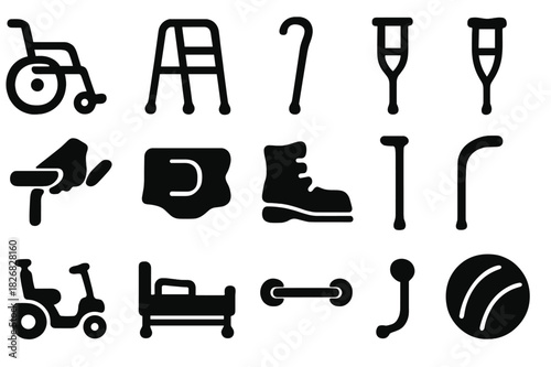 Senior Assistance Icons. Senior assistance. Solid icon set of Senior assistance: wheelchair, walker, cane, crutches, handrail, support belt, orthopedic shoe,