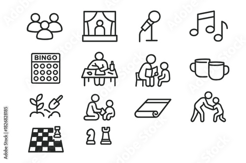Community Event Icons. Community events. Line icon set of Community events: group meeting, stage, microphone, bingo board, craft table, music notes, gardening,