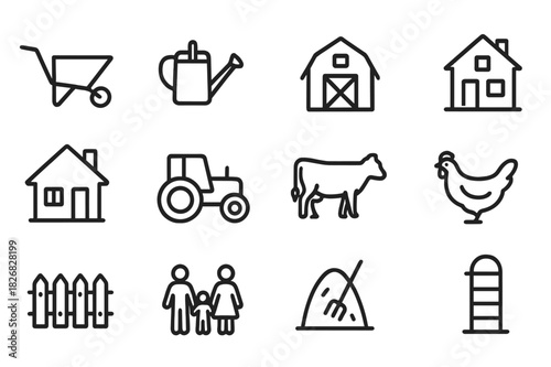 Family Farm Chores Icons. Family farm chores. Line icon set of Family farm chores: wheelbarrow, watering can, vegetable garden, barn, farmhouse, tractor, cow,
