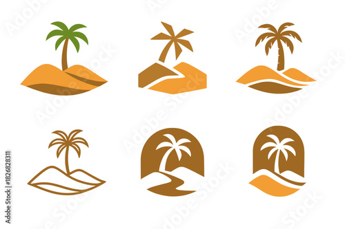 Desert Oasis Logos. Desert dunes. Icon set. Set Logo of desert dunes: oasis with palm tree icon. harmonious logo variations of the same emblematic concept,
