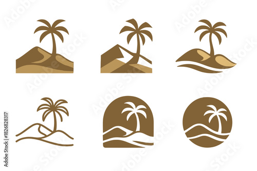 Desert Oasis Logos. Desert dunes. Icon set. Set Logo of desert dunes: oasis with palm tree icon. harmonious logo variations of the same emblematic concept,