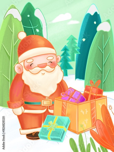 Cartoon Christmas Santa Claus with Gifts Flat Design Winter Landscape