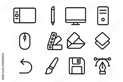 Digital Art Icon Set. Digital art. Line icon set of digital art: tablet, stylus pen, monitor, computer, mouse, keyboard, color picker, layer icon, undo arrow,