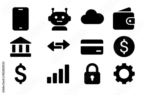 Digital Banking Icons. Digital banking. Solid icon set of digital banking: smartphone, robot assistant, cloud, wallet, bank, transfer arrows, credit card,