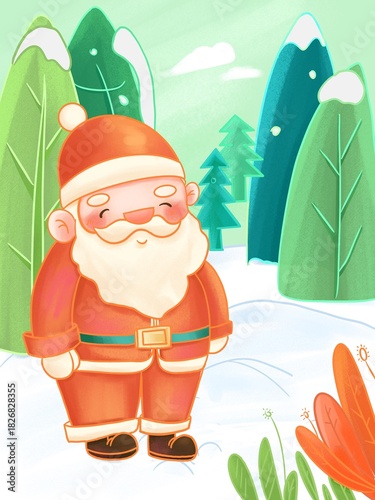 Cartoon Winter Festival Santa Claus with Gifts Flat Design Mountain Forest Landscape