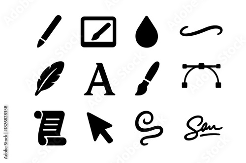 Digital Calligraphy Icons. Digital calligraphy. Solid icon set of digital calligraphy: stylus pen, tablet, ink drop, script line, feather quill, letter A,
