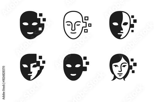 Digital Avatar Logos. Digital avatars and evolving identity. Icon set. Set Logo of digital avatars: digital mask transformation. harmonious logo variations of