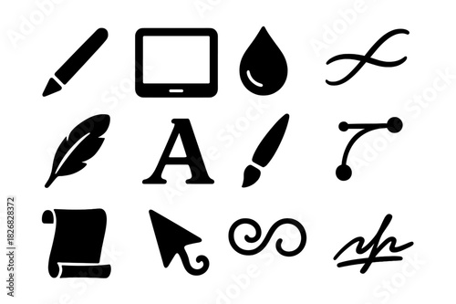 Digital Calligraphy Icons. Digital calligraphy. Solid icon set of digital calligraphy: stylus pen, tablet, ink drop, script line, feather quill, letter A,