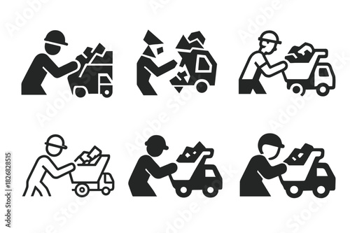 Disaster Recovery Icons. Assisting at disaster recovery sites and debris removal. Icon set. Set Logo of assisting at disaster recovery sites and debris