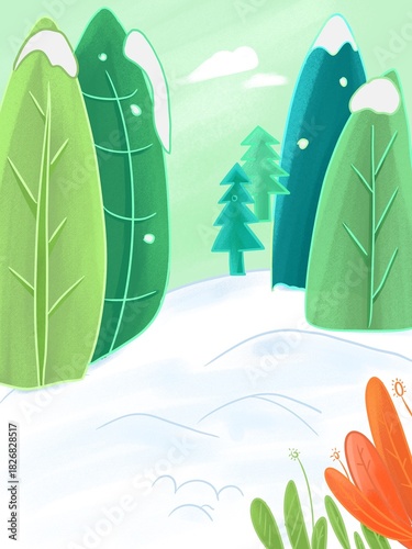 Cartoon Winter Fresh Healing Flat Design Mountain Forest Landscape