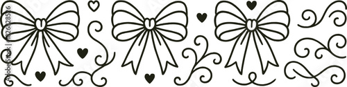 Decorative black and white ribbon designs with hearts and swirls on a plain background