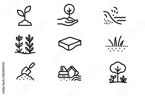 Land Restoration Icons. Land restoration. Line icon set of land restoration: sapling, tree planting, erosion control, native plants, regraded land, grass
