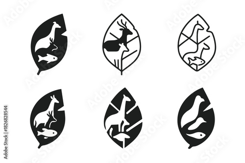 Biodiversity Logos Set. Biodiversity loss. Icon set. Set Logo of biodiversity loss: broken leaf forming animal silhouettes. harmonious logo variations of the