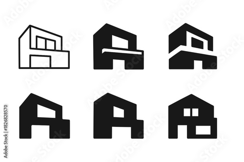 Home Design Icon Set. Home exterior design and curb appeal. Icon set. Set Logo of home exterior design and curb appeal: modern house facade. harmonious logo