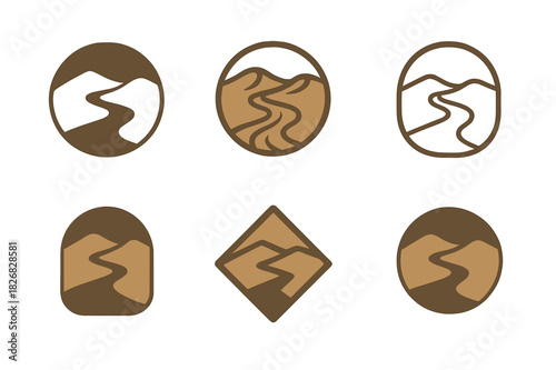 Dry Riverbed Icons. Dry Riverbed. Icon set. Set Logo of Dry Riverbed: Sand Dunes. harmonious logo variations of the same emblematic concept, each