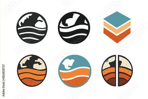 Earth Layers Logos. Earth layers. Icon set. Set Logo of earth layers: geologic strata cross-section with texture bands. harmonious logo variations of the same