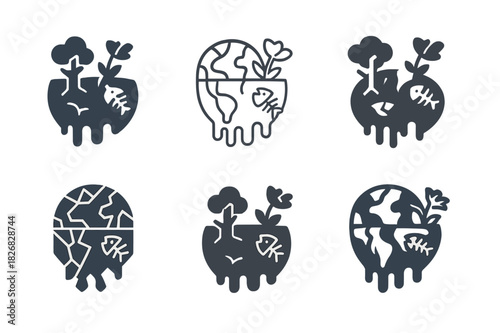 Biodiversity Loss Icons. Biodiversity loss. Icon set. Set Logo of biodiversity loss: melting globe with broken ecosystem icons. harmonious logo variations of