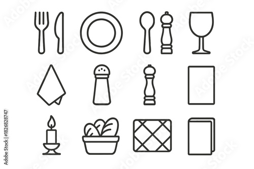 Table Setting Icons. Table setting. Line icon set of table setting: fork, knife, spoon, plate, napkin, salt shaker, pepper grinder, glass, candle, bread