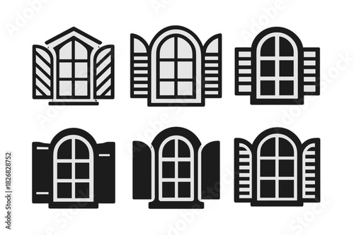 Home Design Icons. Home exterior design and curb appeal. Icon set. Set Logo of home exterior design and curb appeal: window with shutters. harmonious logo