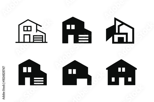 Home Design Icon Set. Home exterior design and curb appeal. Icon set. Set Logo of home exterior design and curb appeal: modern house facade. harmonious logo