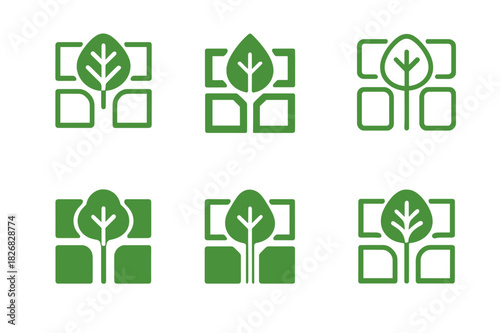 Urban Reforestation Icons. Urban reforestation. Icon set. Set Logo of urban reforestation: aerial city grid with tree at center. harmonious logo variations of