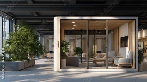 Fototapeta Naklejka Na Ścianę i Meble -  A modern office space using modular desks, soundproof pods, and sliding partitions to transform open layouts into private work zones — adaptive workplace design, flexible office architecture, and