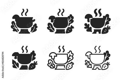 Hot Pot Logo Variations. Preparing a hot pot or fondue for a social meal with friends. Icon set. Set Logo of Preparing a hot pot or fondue for a social meal